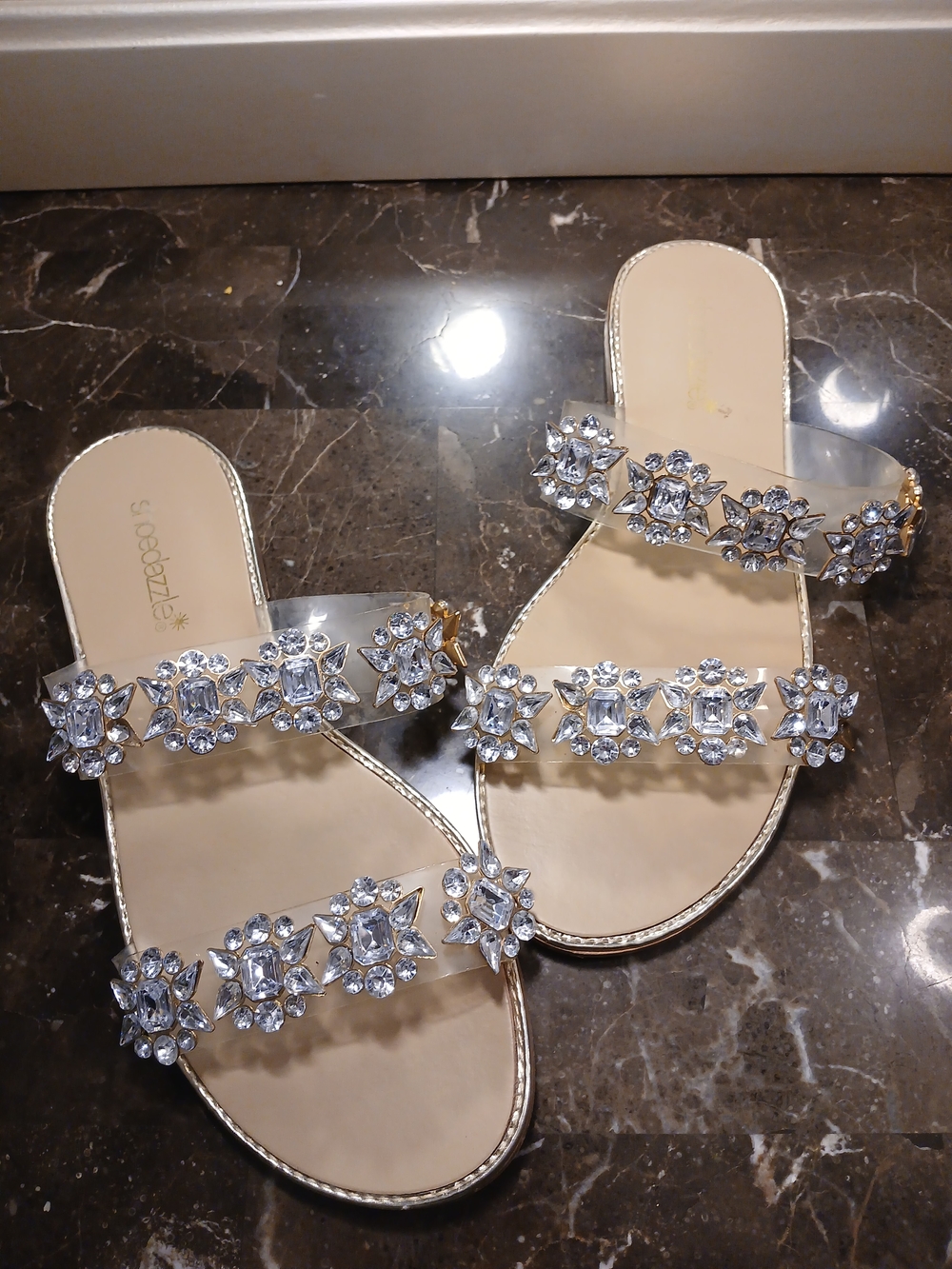 Shoe Dazzle Beige Slide Sandals with Crystal Embellishments